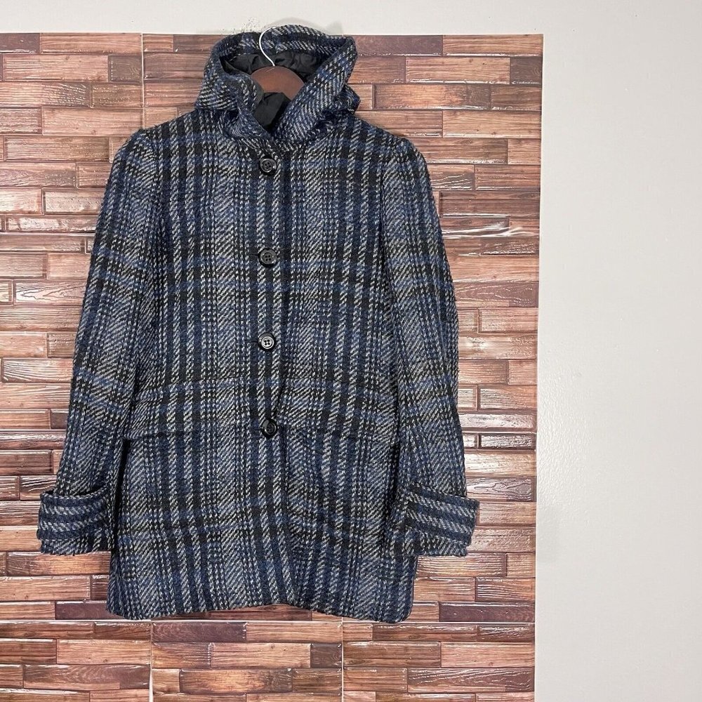 Theory Womens Size S Plaid Tweed Coat Jacket Wool Alpaca Blend Pockets Hooded